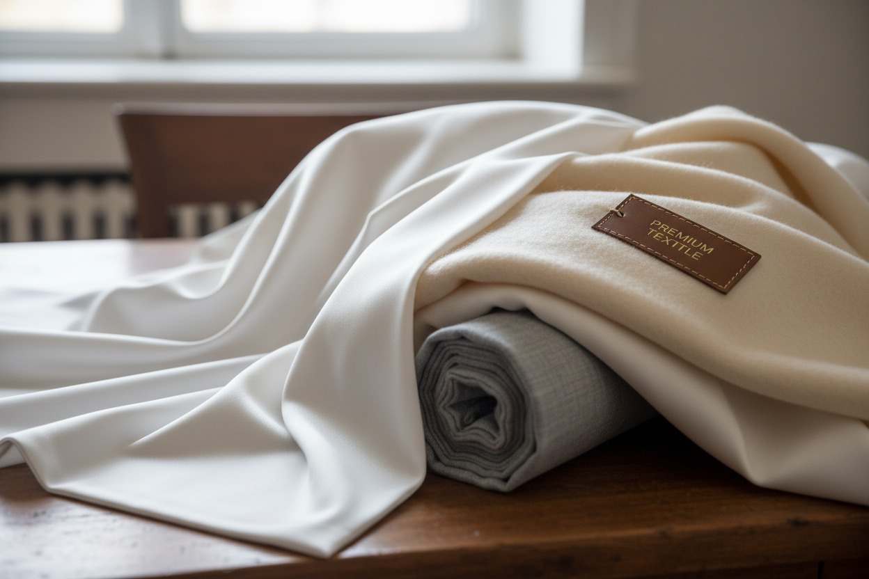 Tecidos em tons de branco e bege drapeados sobre uma mesa de madeira, com uma etiqueta de couro que diz "Premium Textile".