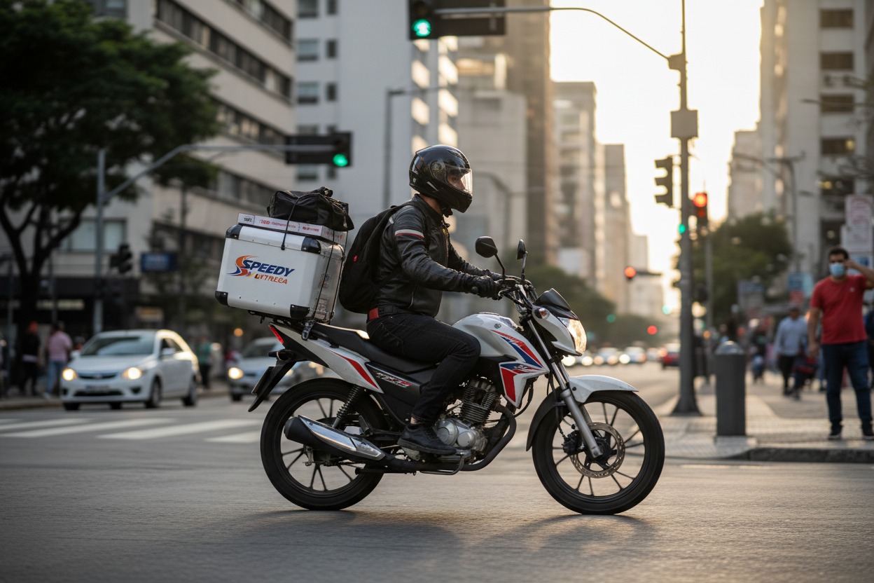 Um entregador pilotando uma motocicleta branca com uma caixa de entrega acoplada na garupa em uma avenida movimentada de uma grande cidade.