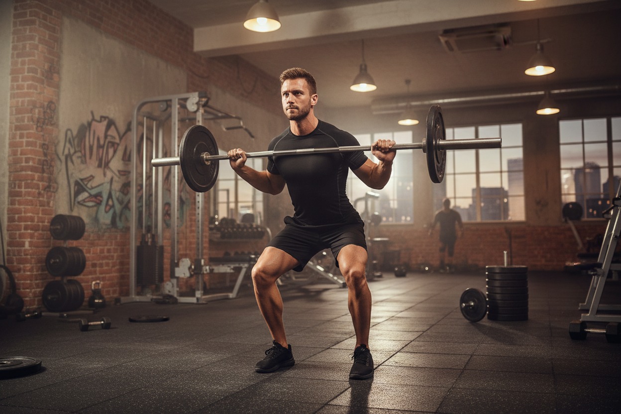 Homem musculoso fazendo agachamento com barra nos ombros em uma academia com paredes de tijolos aparentes.